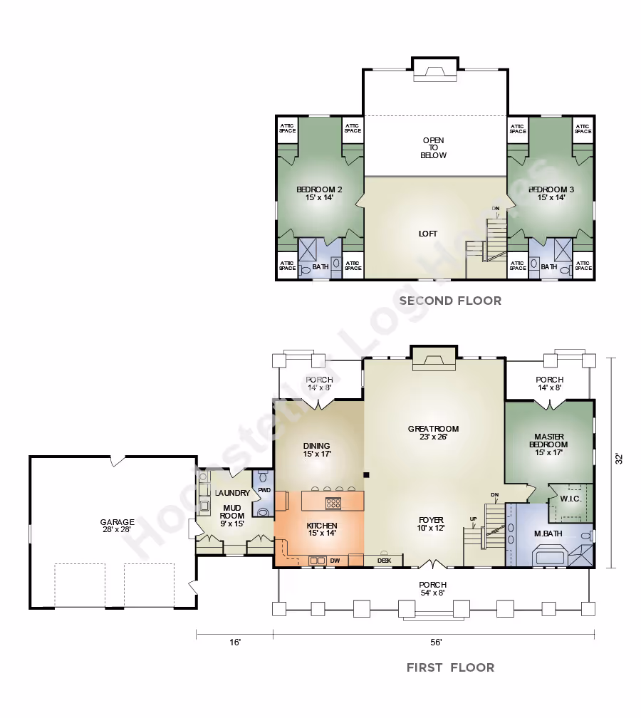 A detailed architectural floor plan featuring the layout of a two-story house. The first floor includes a kitchen, great room, dining area, and master bedroom, while the second floor shows three bedrooms and a loft area.