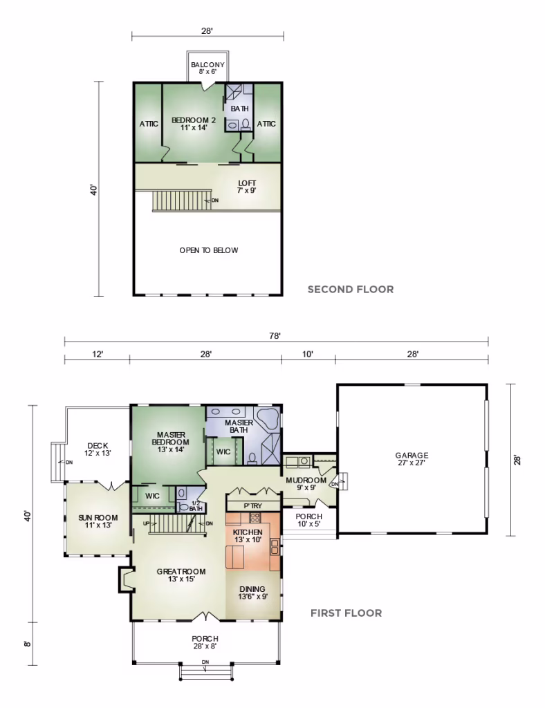 A detailed floor plan of a two-story house showing the layout of rooms. The second floor includes a loft, two bedrooms, and a balcony. The first floor features a living area, dining room, kitchen, mudroom, and garage. Dimensions are provided for each room.