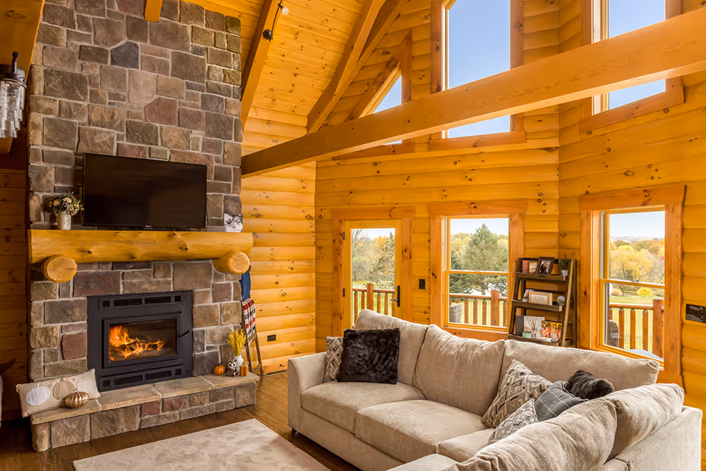 Patak Log Home - Fireplace and Living Room