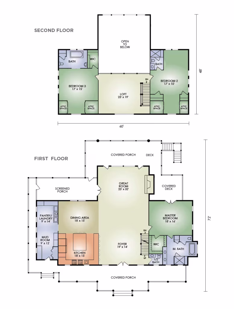 A floor plan showing the first and second floors of a house, with labeled rooms including bedrooms, bathrooms, a great room, and covered porches. Dimensions are included for each room, illustrating the layout and flow of the space.