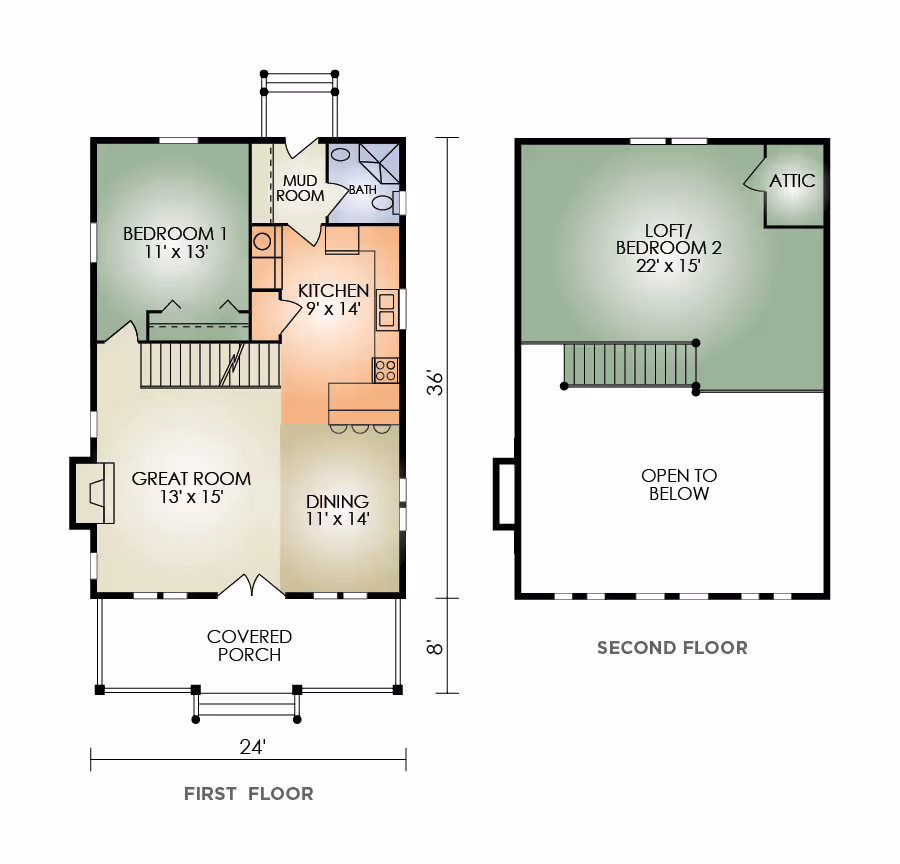 A detailed floor plan showing a two-story house layout. The first floor includes a great room, dining area, kitchen, mudroom, and covered porch. The second floor features a loft/bedroom and attic space. Floor dimensions noted.