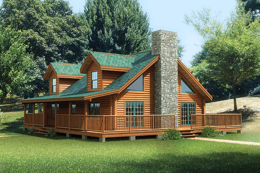 A picturesque log cabin with a stone chimney, featuring green roofs and large windows. Surrounded by lush trees, it sits on a grassy area, with a wooden deck extending around the house, inviting a cozy outdoor atmosphere.