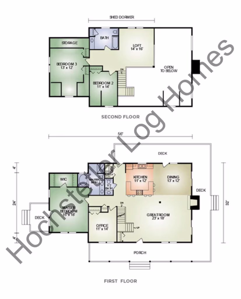 A floor plan of a two-story house featuring labeled rooms. The second floor includes bedrooms and storage, while the first floor has a kitchen, dining area, great room, and office. Decks are shown on both levels for outdoor access.