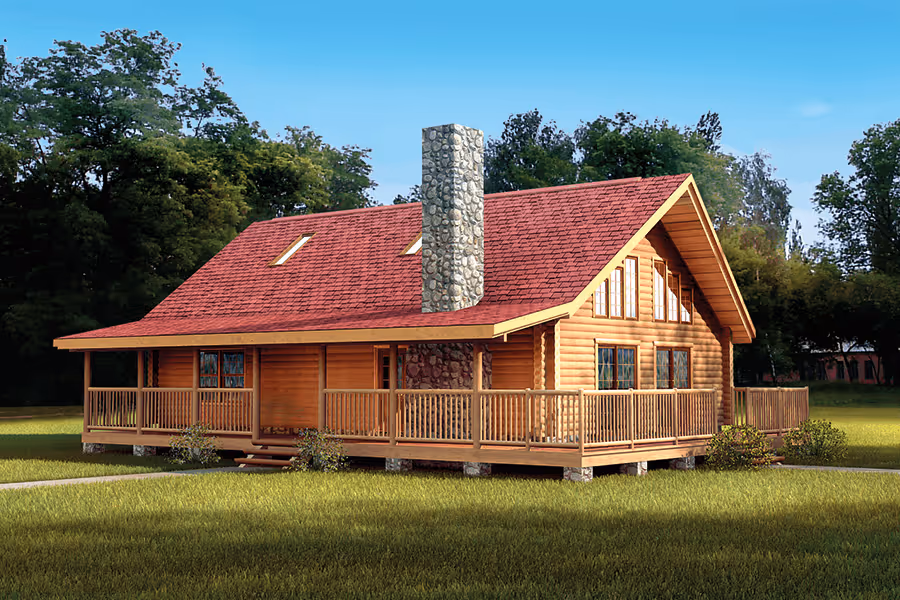A spacious wooden cabin with a red roof and stone chimney, surrounded by green grass and trees. The house features large windows and a welcoming front porch, perfect for enjoying nature.