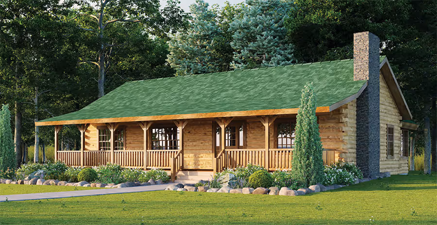 A charming wooden cabin with a green gabled roof, surrounded by lush trees. The front porch features a wooden railing and is lined with landscaping rocks and plants, creating an inviting outdoor setting.