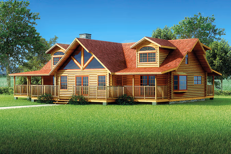 A large, charming wooden house with a red roof, multiple windows, and a spacious porch surrounded by green grass and trees under a clear blue sky.