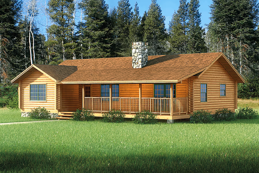 A rustic wooden cabin with a stone chimney, surrounded by lush green grass and dense pine trees. The house features blue windows and a welcoming porch, set in a tranquil outdoor environment.