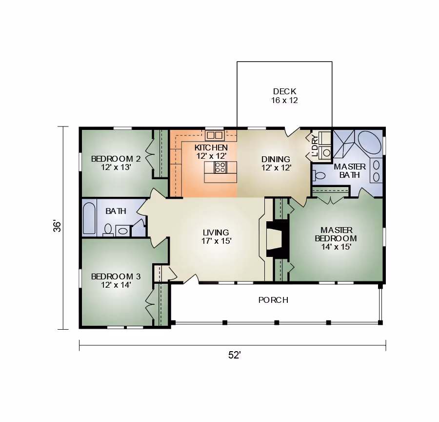 A floor plan of a single-story house layout, featuring three bedrooms, a bathroom, living room, dining room, kitchen, porch, and a deck. Dimensions are marked, showing a total area of 1,872 square feet.