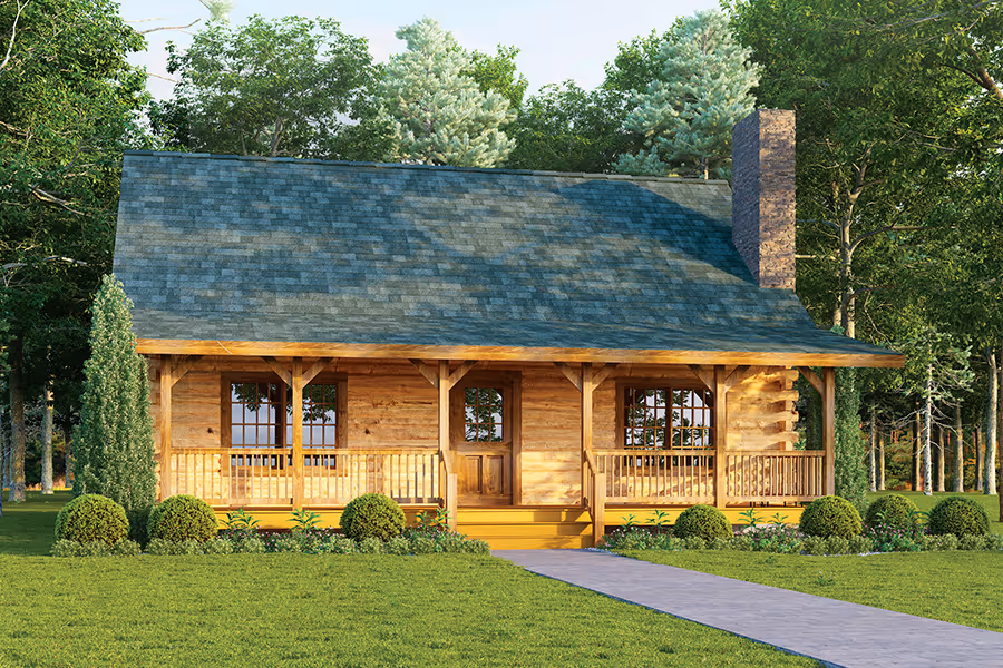 A charming wooden cabin with a steep green roof and front porch, surrounded by neatly trimmed bushes and trees. A gravel pathway leads to the entrance, enhancing the serene, natural setting.