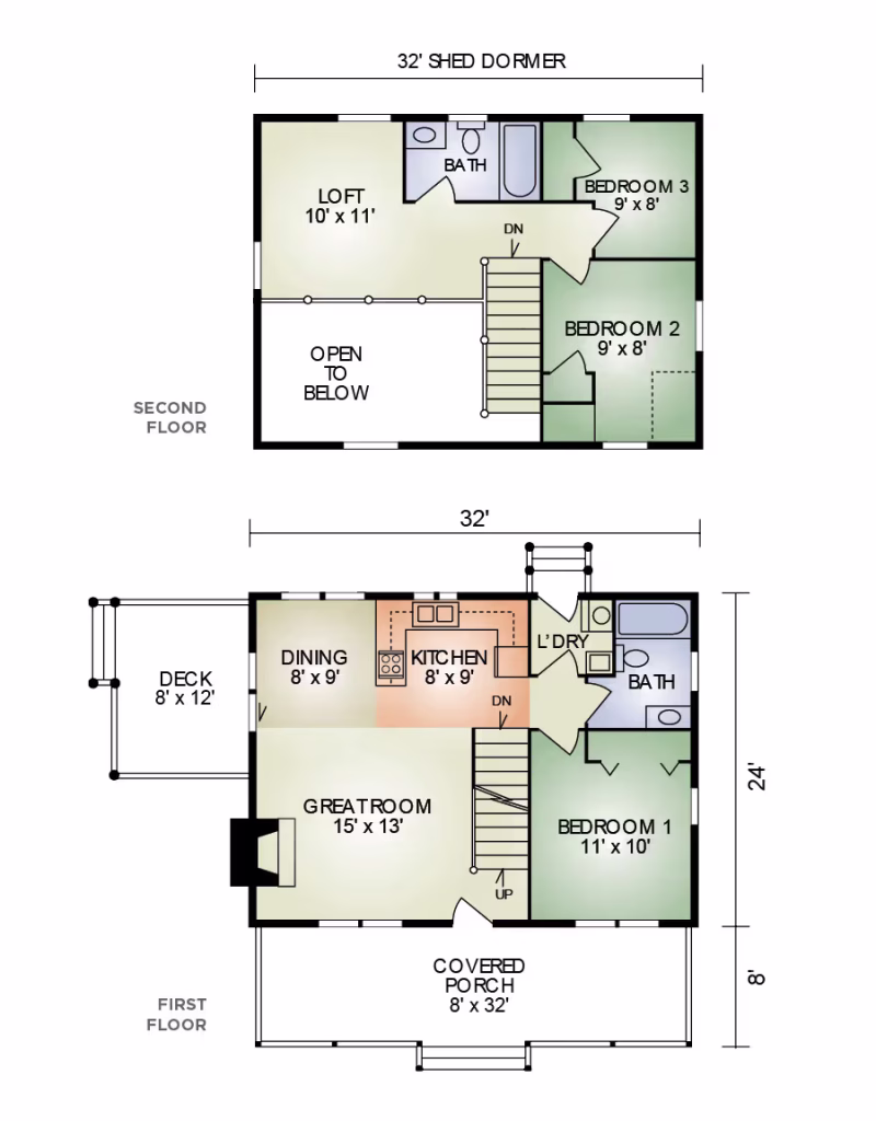 A detailed floor plan of a two-story house showing the layout of rooms. The second floor includes a loft, three bedrooms, and a bathroom. The ground floor features a great room, kitchen, dining area, laundry, and two bedrooms .