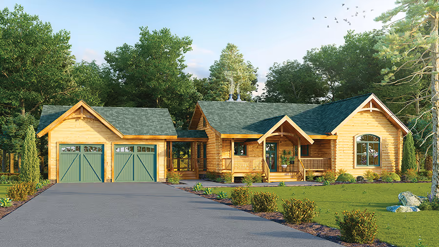 A charming wooden house with a green roof, surrounded by trees, featuring a front porch and two garage doors, set on a spacious driveway with landscaped greenery.