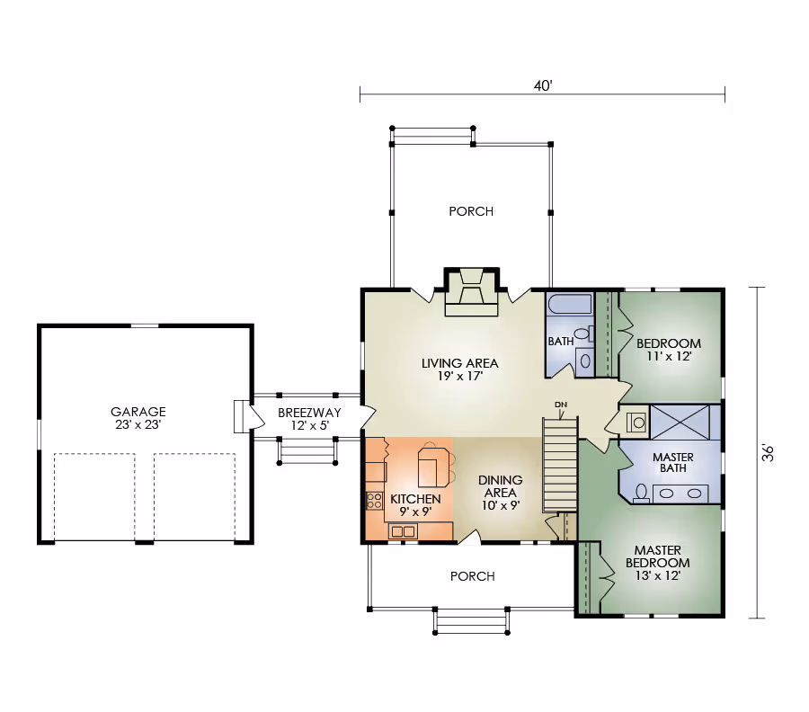 A floor plan layout of a single-story house featuring a garage, breezeway, porch, living area, kitchen, dining area, two bedrooms, and two bathrooms. Dimensions are marked for each room.