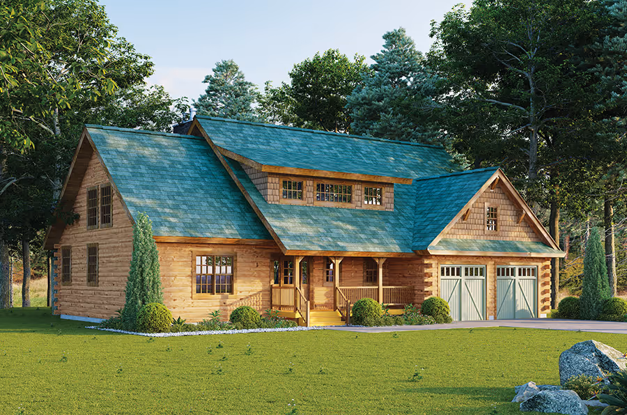 A charming wooden cabin with a green roof surrounded by trees and a manicured lawn. The house features large windows, a welcoming porch, and a garage with double doors. Bright sunlight illuminates the scene, enhancing its cozy ambiance.