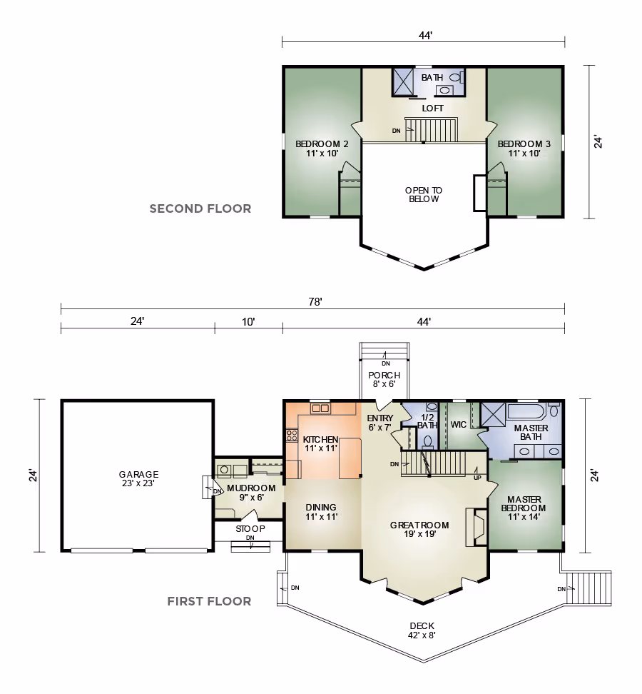 A detailed floor plan of a two-story house, showing the layout of rooms on both the first and second floors. The first floor includes a garage, mudroom, kitchen, dining room, and great room, while the second floor features three bedrooms and a loft.