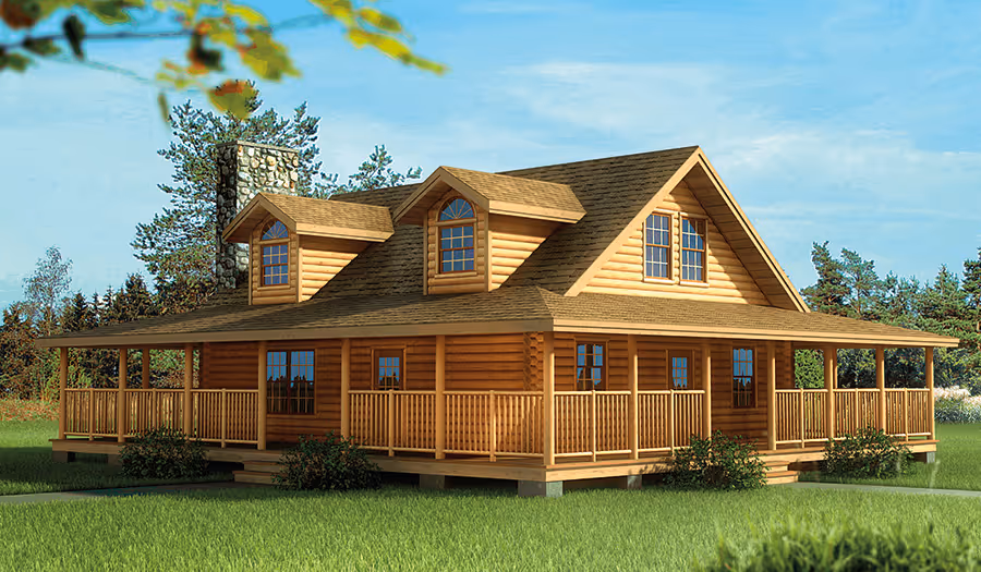 A wooden two-story cabin with a large wraparound porch surrounded by greenery. The structure features multiple gabled roofs and large windows that reflect sunlight under a clear blue sky, offering a cozy countryside aesthetic.