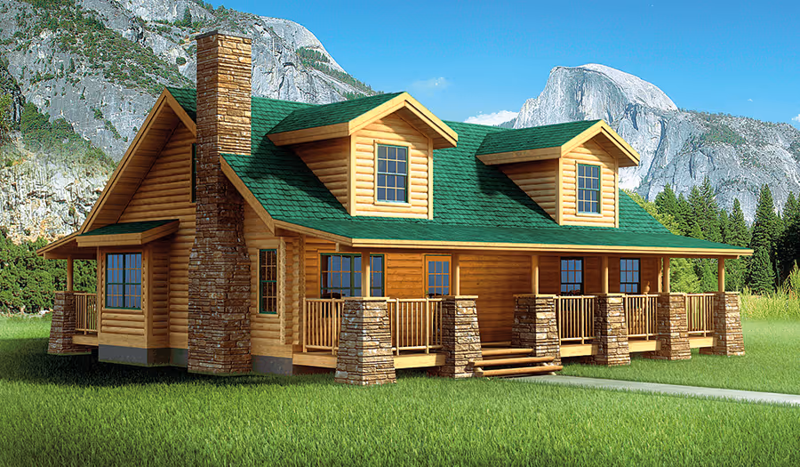 A beautifully designed wooden cabin with a green roof, featuring stone accents and a large porch. The cabin is situated in a scenic landscape with mountains and lush greenery in the background.