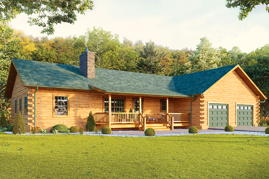 A charming wooden house with a green roof and stone chimney, set in a lush grassy yard. It has a covered porch with seating and is surrounded by trees, offering a serene, inviting atmosphere.