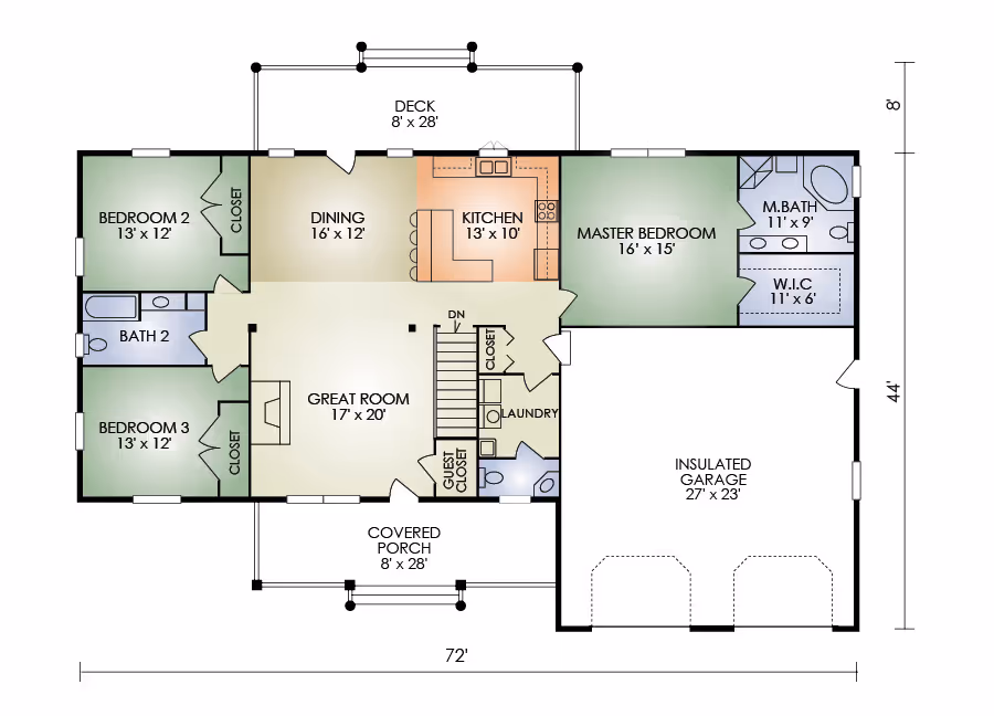 A detailed floor plan of a house, featuring rooms labeled as Master Bedroom, Kitchen, Dining, Great Room, three additional bedrooms, two bathrooms, a laundry area, and an insulated garage.