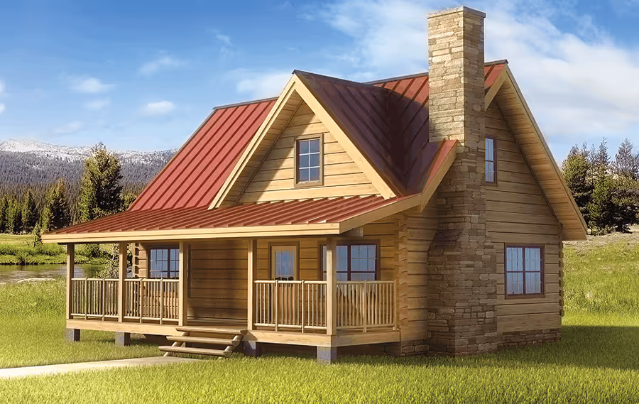 Fairview log home model exterior rendering by Hochstetler Log Homes