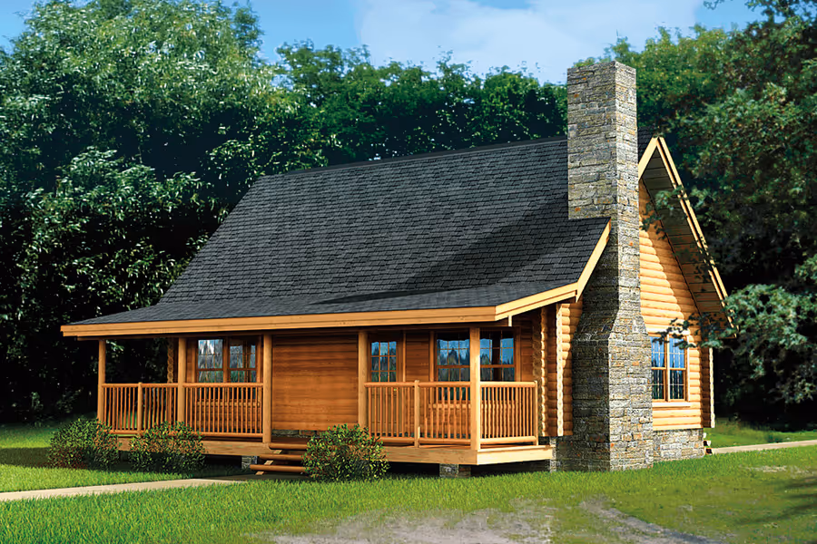 A cozy wooden cabin with a sloped roof, a stone chimney, and large windows. The cabin features a welcoming porch with railing and is surrounded by lush greenery, creating a serene outdoor setting.