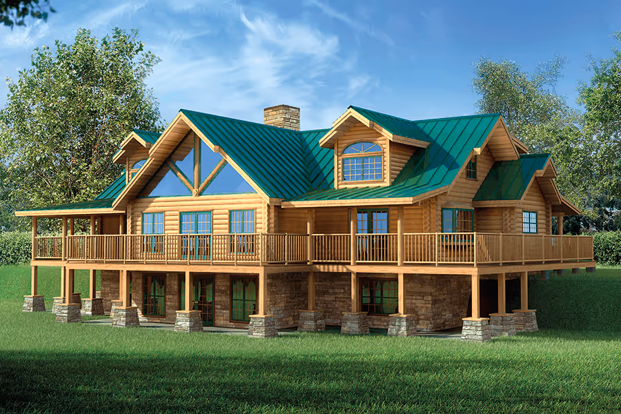 A spacious wooden house with a green metal roof, featuring a large front porch and numerous windows. Surrounded by lush grass and trees, the house showcases a blend of stone and wood construction, emphasizing a rustic charm.