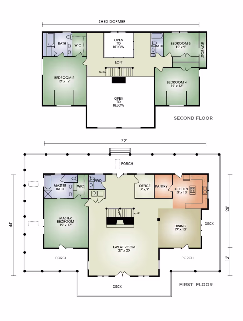 A floor plan showcasing a two-story home design. The first floor includes a great room, kitchen, office, and dining area, while the second floor features bedrooms and a loft. Dimensions annotated for clarity.