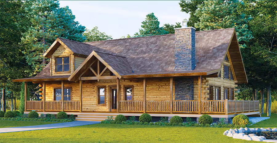 A charming log cabin surrounded by lush greenery, featuring a spacious front porch and a stone chimney. The home has large windows, a sloped roof, and is set against a backdrop of tall trees, creating a peaceful and rustic atmosphere.