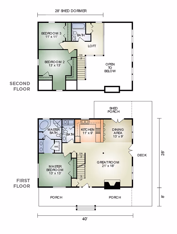 Architectural floor plan showcasing a two-story home layout. The first floor features a kitchen, dining area, great room, and porches. The second floor includes three bedrooms and a loft area, highlighted by staircase access between levels.