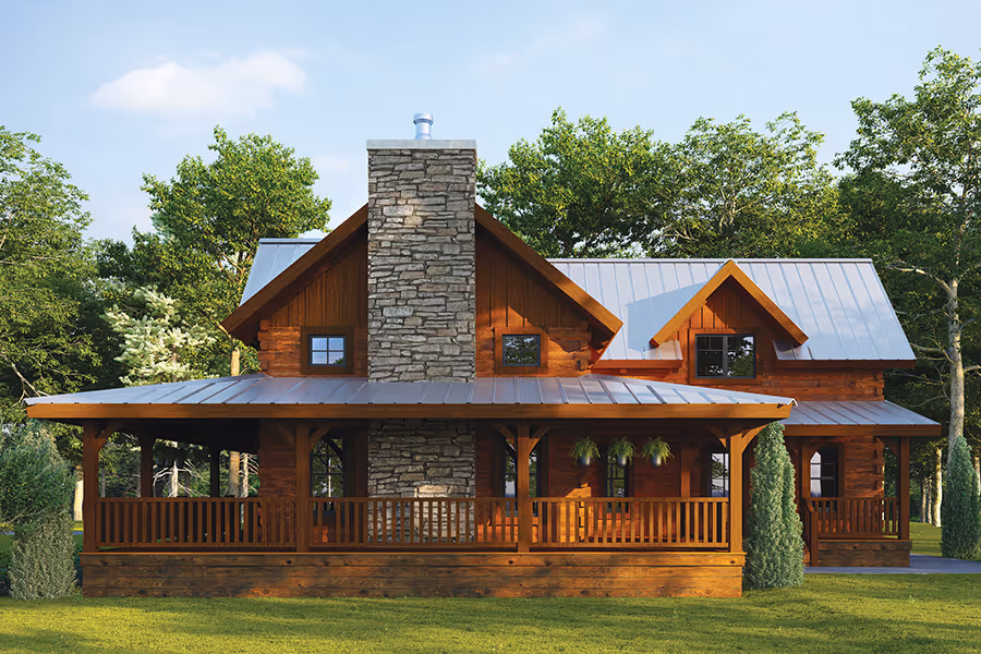 A charming wooden house with a stone chimney, surrounded by lush green trees. The spacious porch features wooden railings and a roof overhang, creating a cozy outdoor space. A mix of wood and stone craftsmanship highlights the home's natural beauty.