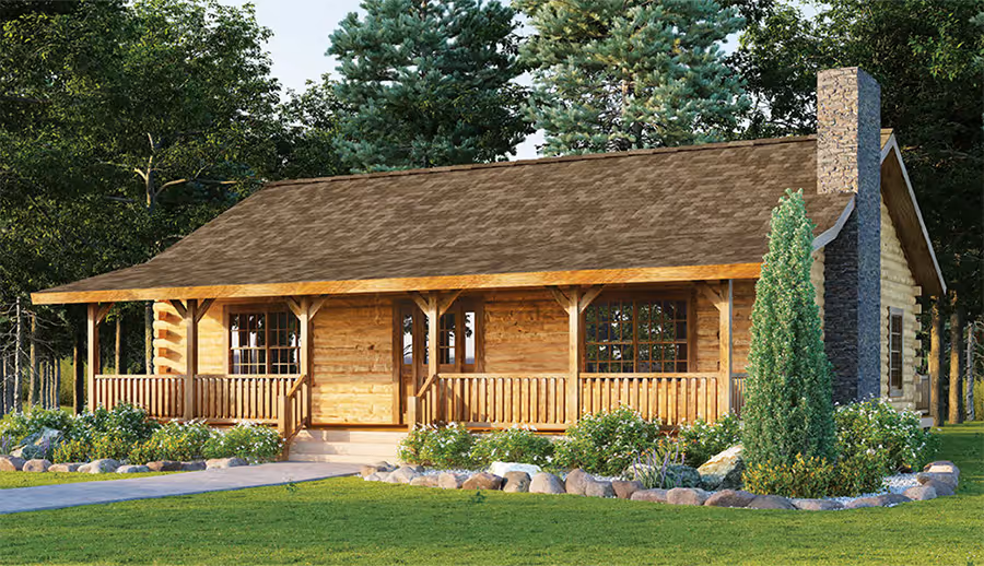A charming wooden cabin with a sloped roof, featuring a welcoming porch and stone chimney, surrounded by green trees and flowering shrubs. A pathway leads to the entrance, creating a serene outdoor setting.