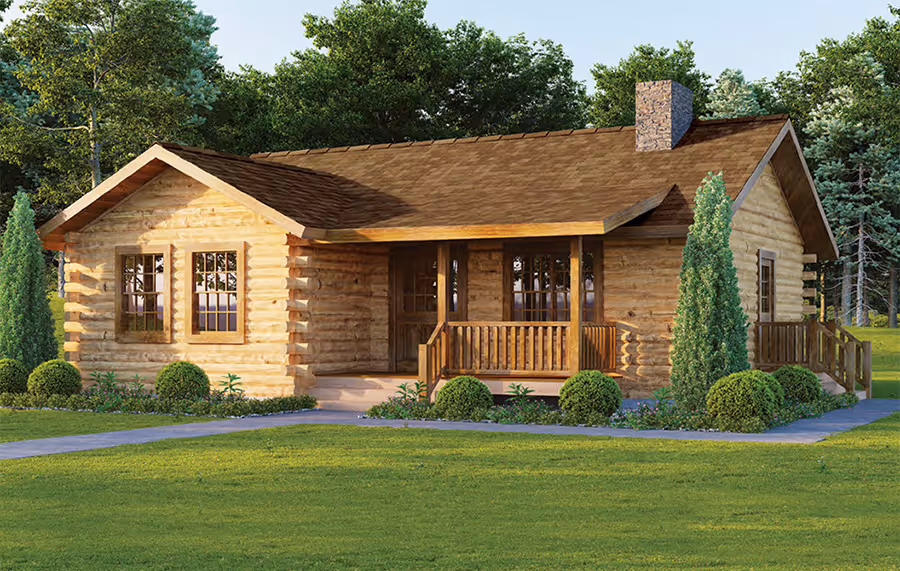 A charming wooden log cabin with a sloped roof, featuring large windows and a welcoming porch. Lush green bushes and two tall conifer trees flank the entrance, surrounded by a manicured lawn and a pathway leading to the door.