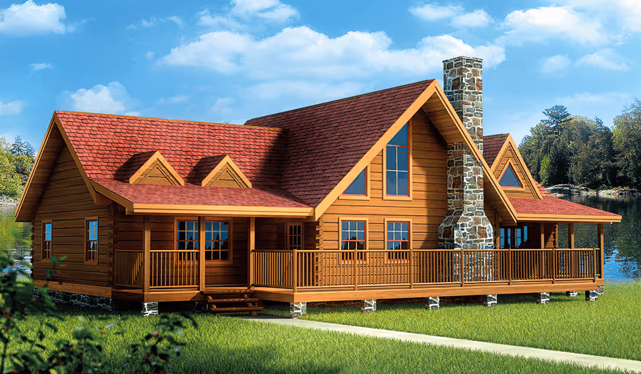 A beautiful wooden cabin with a red roof and stone chimney sits by a tranquil lake. The cabin features large windows and an inviting porch, surrounded by lush greenery and trees, with a clear blue sky above.
