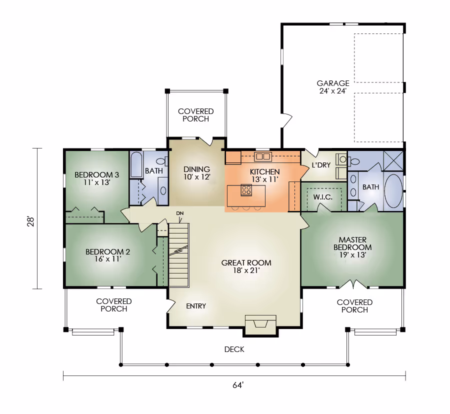 A detailed floor plan of a house showing the layout, including rooms like the kitchen, great room, master bedroom, and garage. Dimensions of each room are clearly labeled, featuring covered porches and a deck.