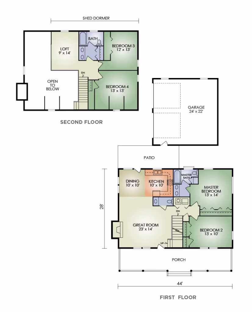 A detailed floor plan of a two-story house layout. The first floor includes a garage, porch, dining area, kitchen, great room, and two bedrooms. The second floor features a loft, three bedrooms, and a bathroom.