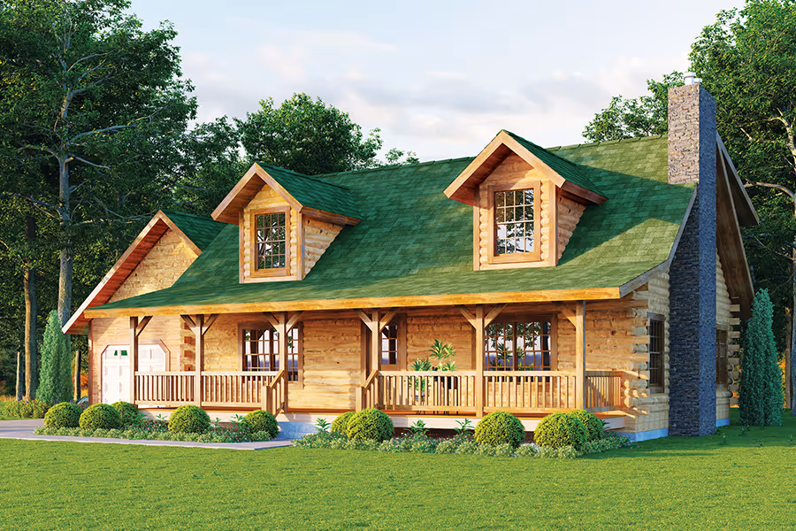 A charming wooden cabin with a green gabled roof, featuring multiple gabled windows and a front porch surrounded by neatly trimmed bushes. Lush greenery and tall trees provide a natural backdrop.