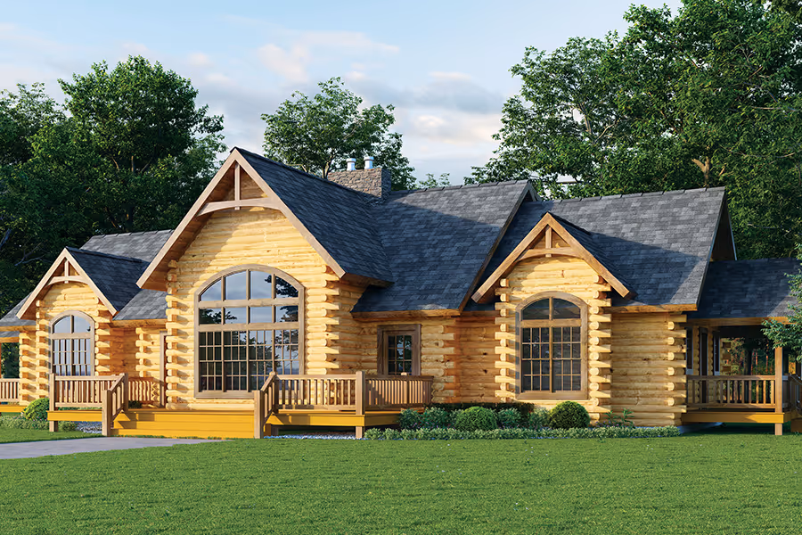A charming log cabin home featuring large windows, a steep roof, and a spacious porch surrounded by lush greenery and trees. The front yard has well-maintained grass enhancing the inviting appearance of the house.