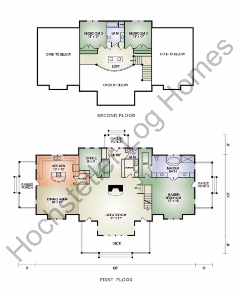A floor plan of a two-story home featuring a layout of bedrooms, kitchen, dining area, and living spaces. The second floor includes three bedrooms and a loft, while the first floor shows an open concept with a kitchen, office, and great room.
