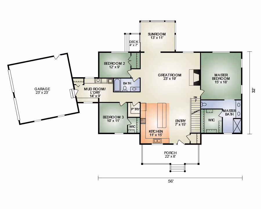 A detailed floor plan of a house featuring a garage, multiple bedrooms, a great room, and a sunroom. Dimensions are indicated for each room, illustrating a spacious layout with an entryway and porch.