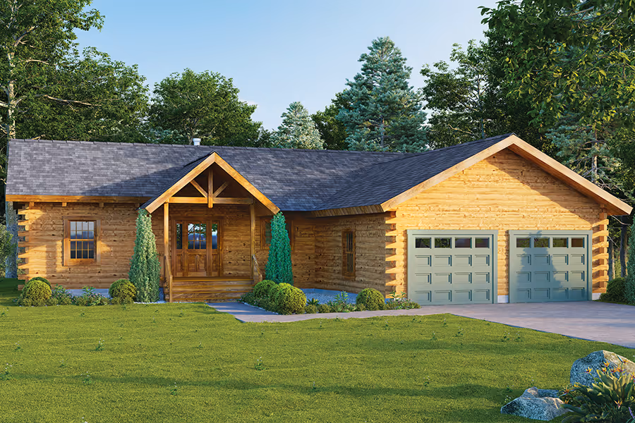 A spacious wooden cabin surrounded by lush green trees, featuring a prominent front porch with a wooden entrance. The cabin has a gabled roof, and two garage doors visible on the side, complementing the natural environment.