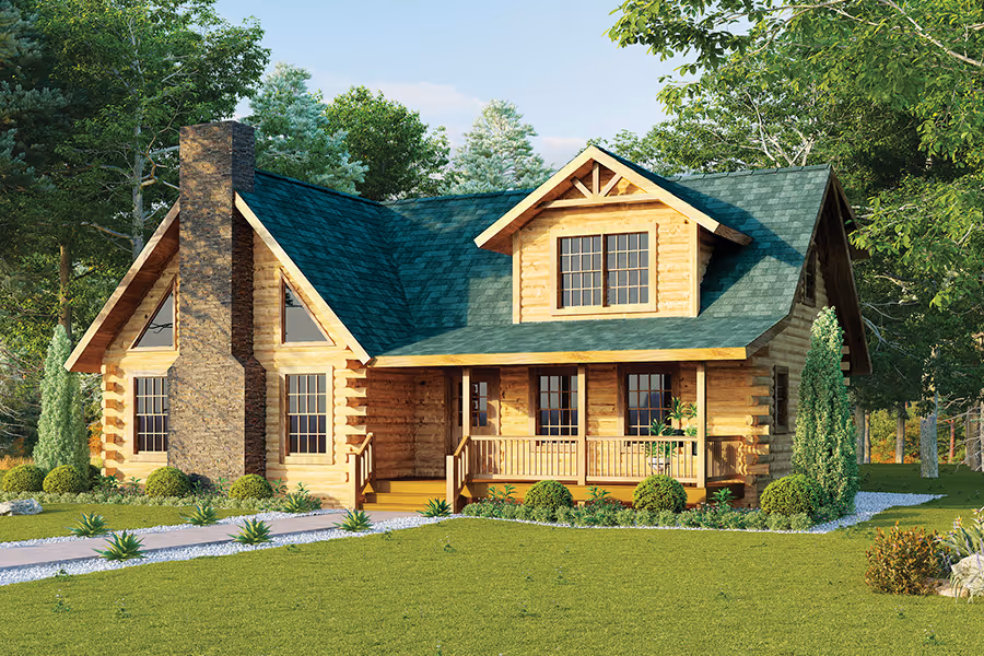 A charming log cabin with a green shingle roof and stone chimney, set amidst lush trees. The front porch features wooden railings and steps, with neatly landscaped plants and a pathway leading to the entrance.