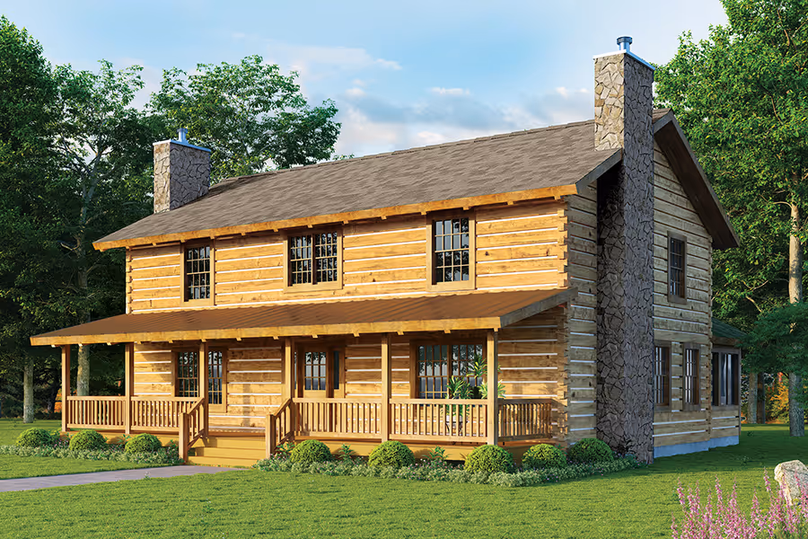 A rustic log cabin house featuring a wide front porch, surrounded by lush green grass and trees. The structure has double chimneys and large windows, showcasing a cozy and inviting design set in a natural landscape.