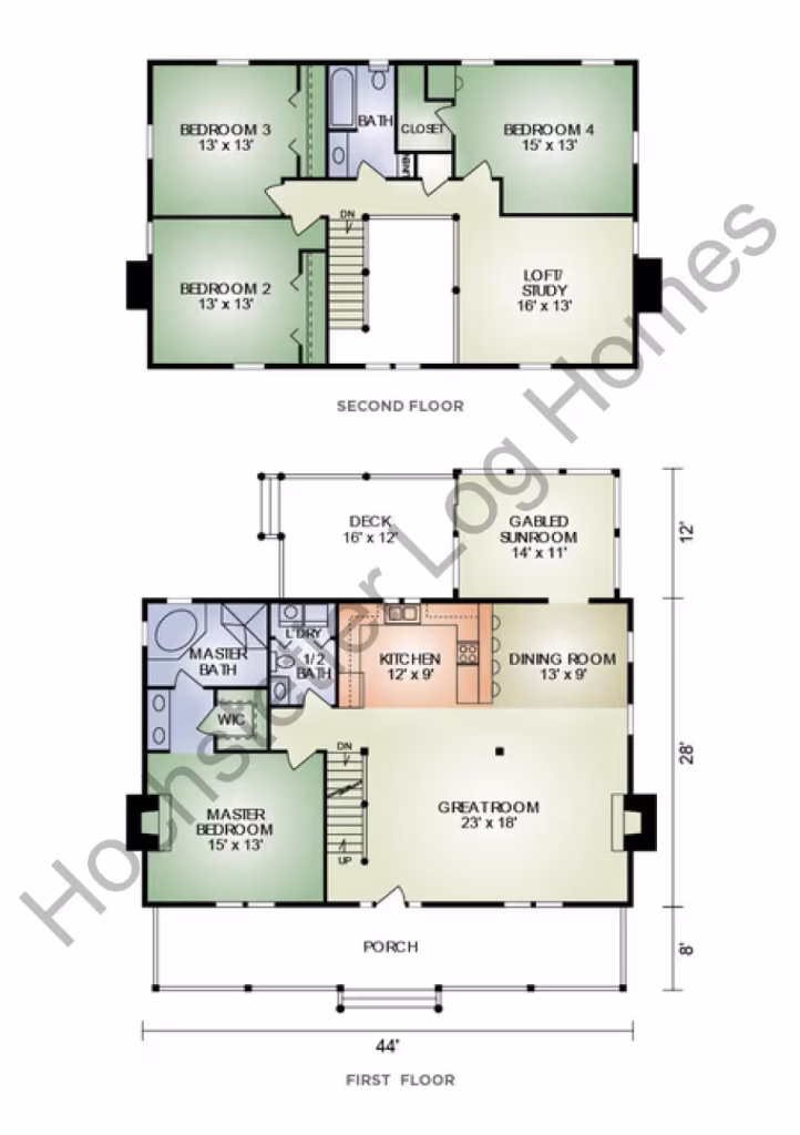 A detailed floor plan of a two-story house layout. The first floor includes a great room, kitchen, dining room, master bedroom with a bathroom, and a deck. The second floor features four bedrooms and a loft/study area.
