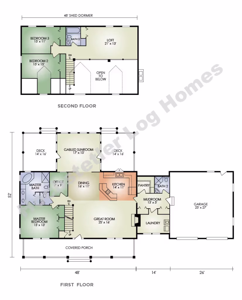 Architectural floor plan of a two-story house. The first floor features a garage, great room, kitchen, dining area, master bedroom, and a porch. The second floor includes three bedrooms, a loft, and a bathroom.