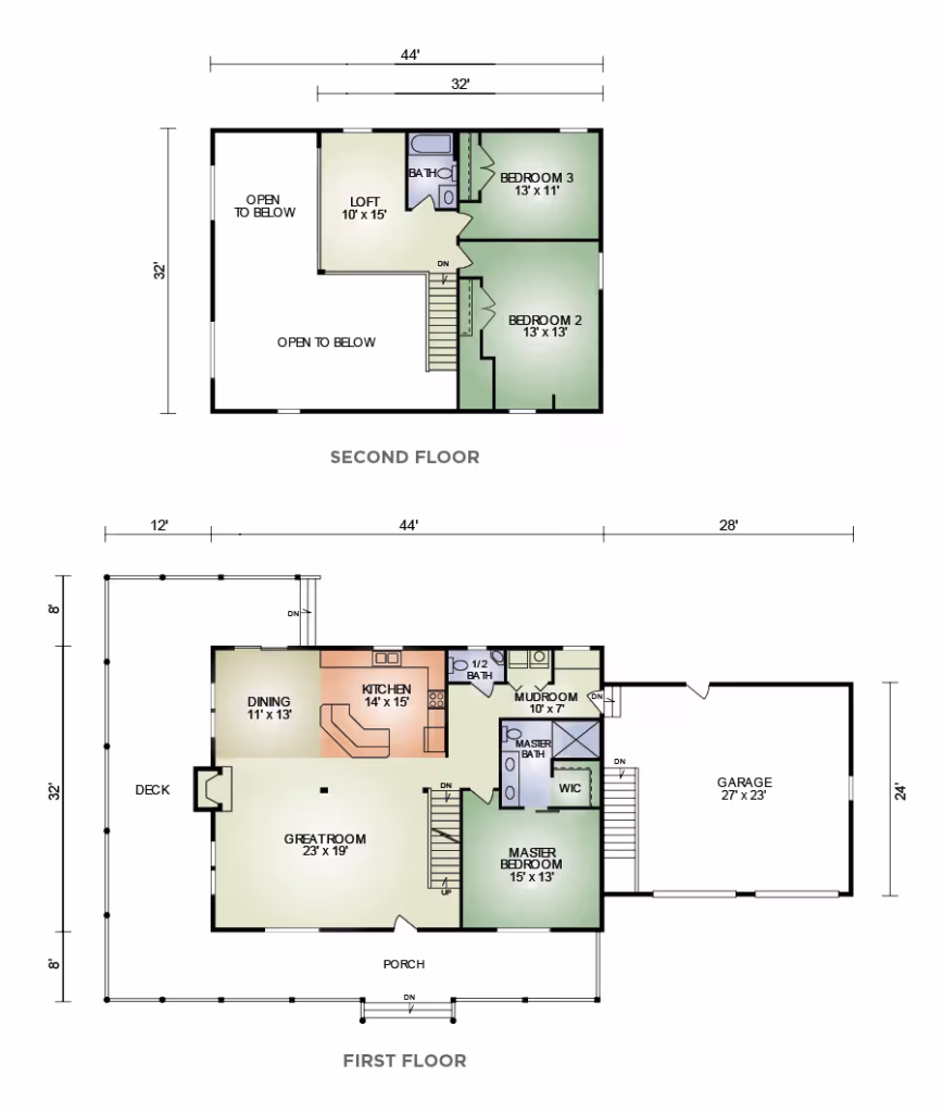 A detailed floor plan of a two-story house. The second floor features three bedrooms, a loft area, and open space. The first floor includes a kitchen, dining area, great room, master bedroom, and garage. Measurements are marked.