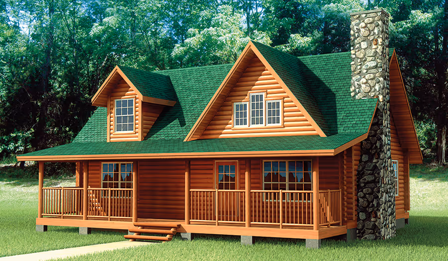 A charming wooden cabin with a stone chimney set in a lush green forest. The cabin features a sloped roof, large front porch, and multiple windows surrounded by trees, conveying a serene and inviting atmosphere.