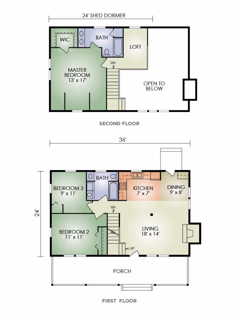 Architectural floor plan showing a two-story house layout. The first floor includes a living room, kitchen, dining area, and three bedrooms. The second floor features a master bedroom, loft area, and bath. Dimensions noted.