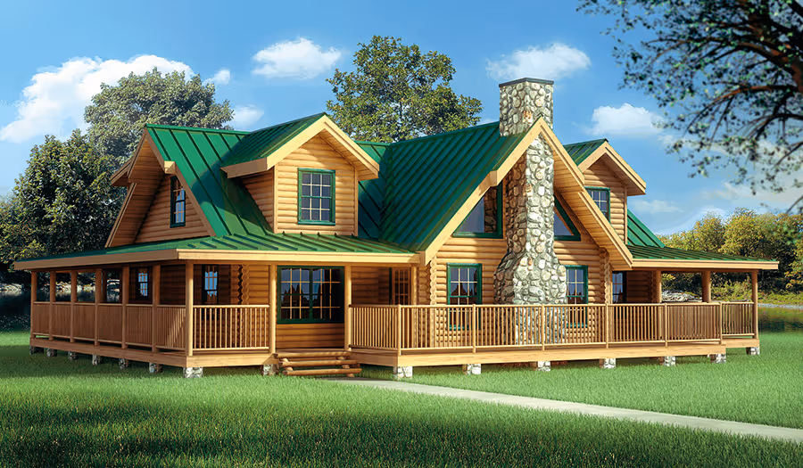 A charming wooden log cabin with a green metal roof, featuring a stone chimney and a spacious wraparound porch. The home is surrounded by lush greenery and tall trees under a clear blue sky, depicting a serene rural setting.