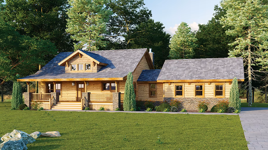 A charming wooden cabin with a sloped roof sitting on a grassy lawn, surrounded by tall trees. The front porch features steps leading up to the entrance, with neatly trimmed shrubs and boulders accenting the landscape.