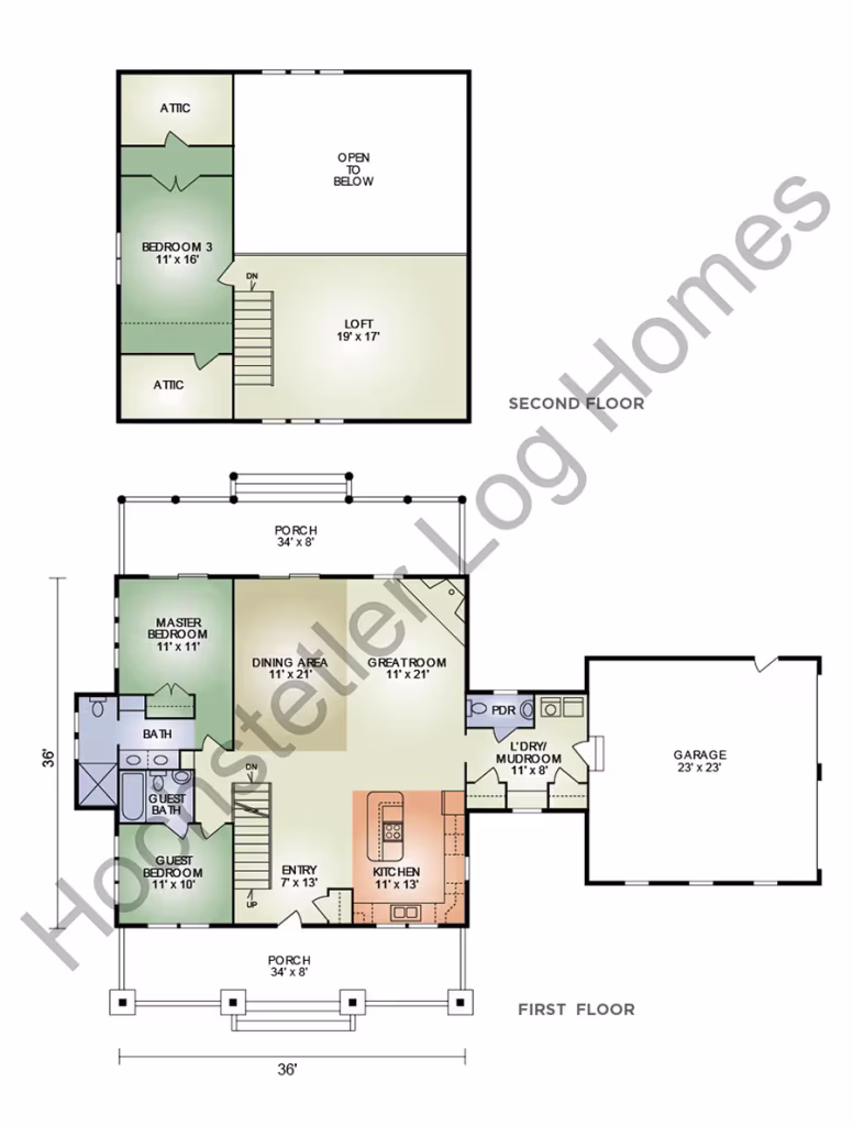 A detailed floor plan of a two-story house, showcasing the first and second floors. The first floor includes a garage, kitchen, dining area, and multiple bedrooms. The second floor features an attic, a loft, and bedrooms, all labeled with dimensions.
