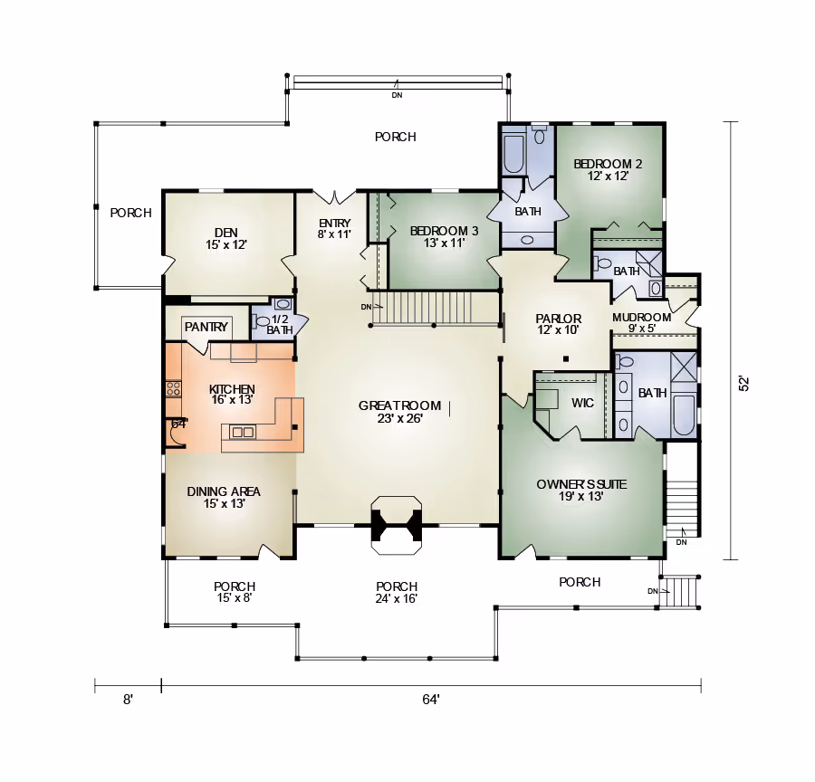 A detailed floor plan of a single-story house layout featuring rooms such as the great room, kitchen, dining area, and various bedrooms. The design includes porches and a pantry, indicating functional living spaces.